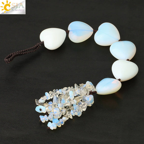Natural Crystal Stone Heart Car Ornament With Colorful Short Tassel Hand Woven Personality Jewelry Dripping Oil Craft