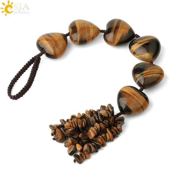 Natural Crystal Stone Heart Car Ornament With Colorful Short Tassel Hand Woven Personality Jewelry Dripping Oil Craft