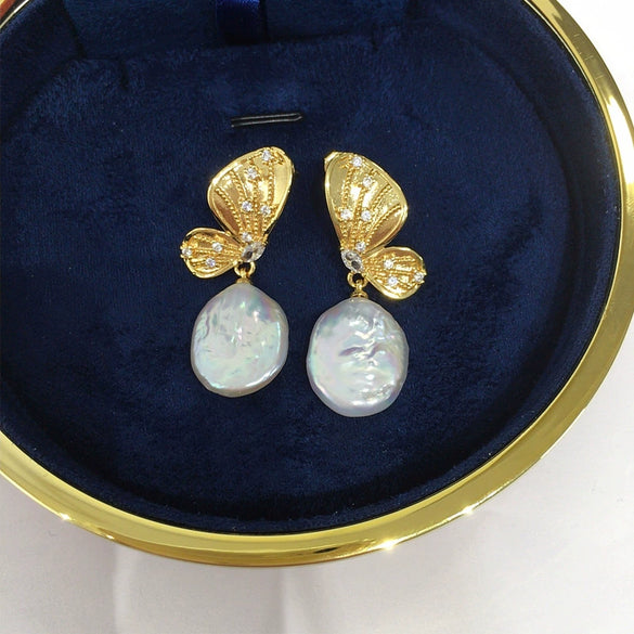 Natural Freshwater Baroque Pearl Earrings Retro Butterfly Alien Shape For Women