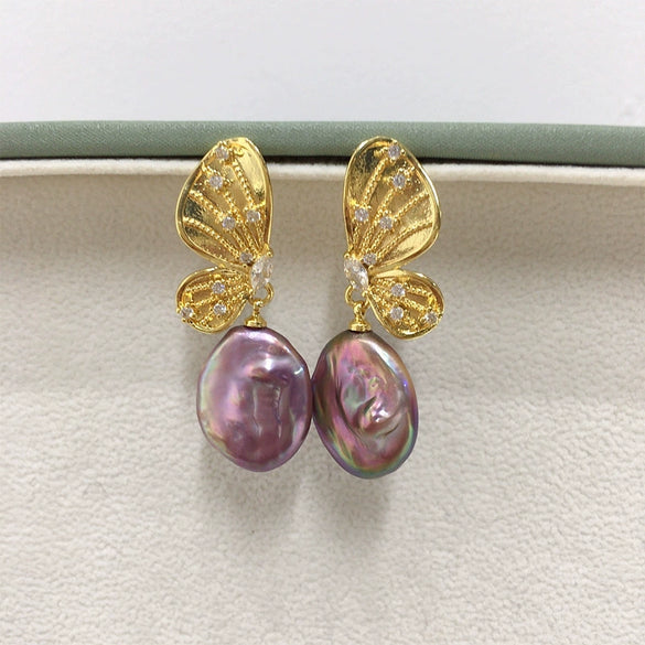 Natural Freshwater Baroque Pearl Earrings Retro Butterfly Alien Shape For Women