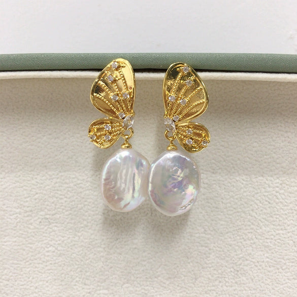 Natural Freshwater Baroque Pearl Earrings Retro Butterfly Alien Shape For Women