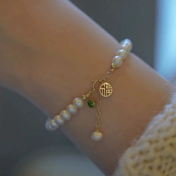 Natural Freshwater Pearl And Emerald Minimalist Bracelet With Copper Accessory