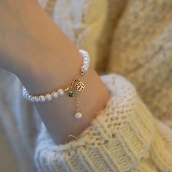 Natural Freshwater Pearl And Emerald Minimalist Bracelet With Copper Accessory