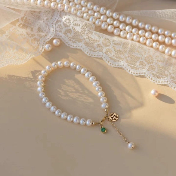 Natural Freshwater Pearl And Emerald Minimalist Bracelet With Copper Accessory