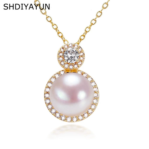 Natural Freshwater Pearl And Zircon Necklace With Gold Craft Flat Round And Steamed Bread Round Pearl Pendant Geometric Style