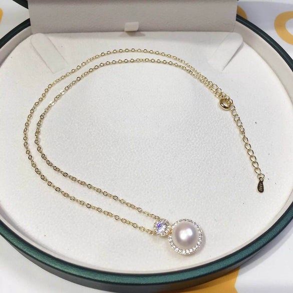 Natural Freshwater Pearl And Zircon Necklace With Gold Craft Flat Round And Steamed Bread Round Pearl Pendant Geometric Style