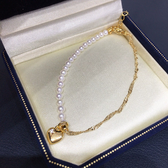 Natural Freshwater Pearl Bracelet With Nearly Round Pearls Copper Alloy Love Pendant Ins Style For Women