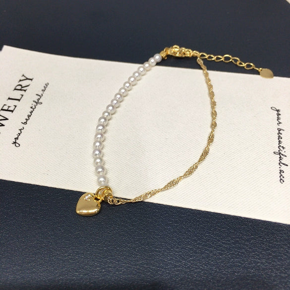 Natural Freshwater Pearl Bracelet With Nearly Round Pearls Copper Alloy Love Pendant Ins Style For Women
