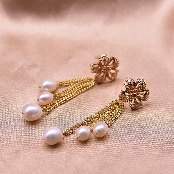 Natural Freshwater Pearl Braided Flower Tassel Earrings With Silver Needle Geometric Retro Electroplated Jewelry For Women