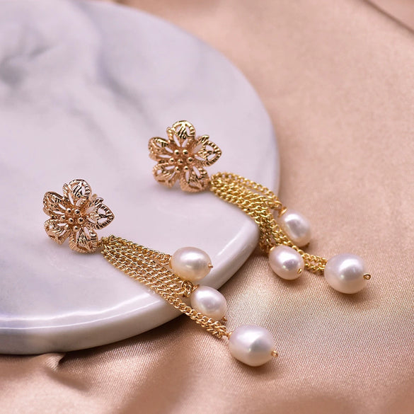 Natural Freshwater Pearl Braided Flower Tassel Earrings With Silver Needle Geometric Retro Electroplated Jewelry For Women