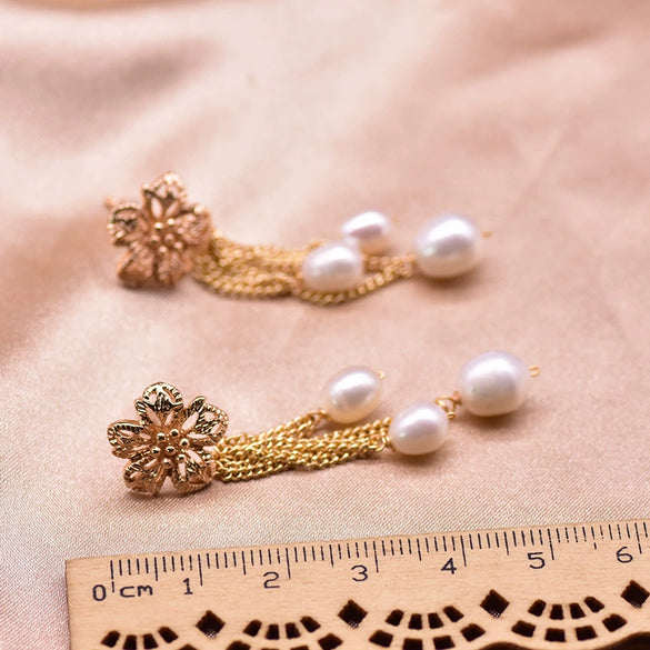 Natural Freshwater Pearl Braided Flower Tassel Earrings With Silver Needle Geometric Retro Electroplated Jewelry For Women