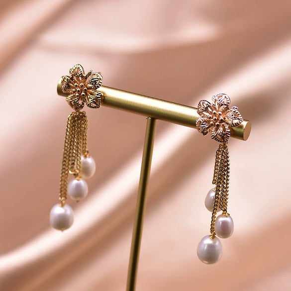 Natural Freshwater Pearl Braided Flower Tassel Earrings With Silver Needle Geometric Retro Electroplated Jewelry For Women