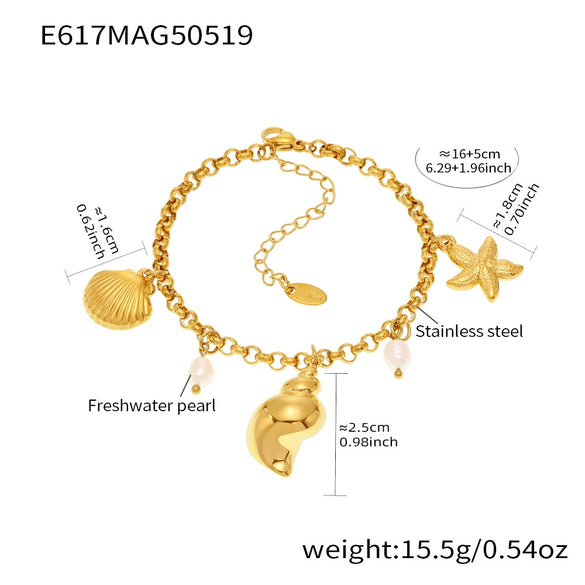 Natural Freshwater Pearl Conch Shell Bracelet And Anklet In 316L Stainless Steel With Geometric Pattern And Electroplating For Women In Marine Series
