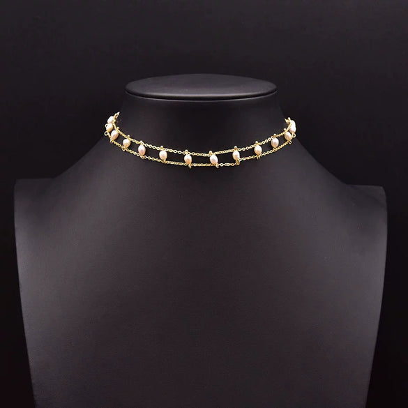 Natural Freshwater Pearl Double Layer Clavicle Chain With Geometric Design For Women Spring And Summer Jewelry Gift