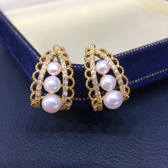 Natural Freshwater Pearl Earrings Alloy Inlaid With Artificial Gemstones And Semiprecious Stones Oblate And Flat Roundbun Round Shape French Retro Style For Women