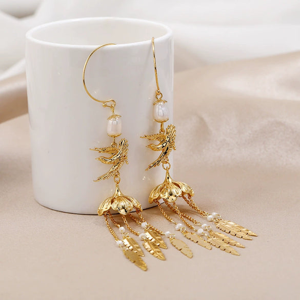 Natural Freshwater Pearl Earrings Copper Retro Geometric Tassel Long Ear Jewelry