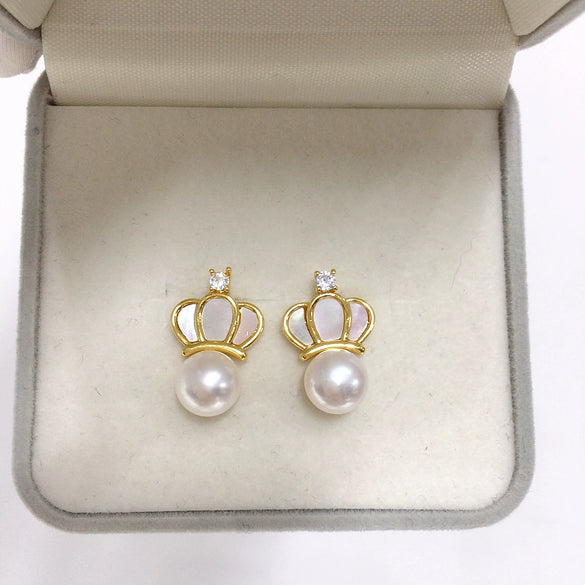 Natural Freshwater Pearl Earrings Feminine Exquisite Sea Shell Crown Style 18K Goldfilled Oblate Shape