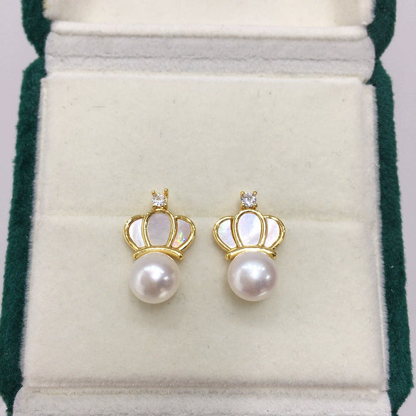 Natural Freshwater Pearl Earrings Feminine Exquisite Sea Shell Crown Style 18K Goldfilled Oblate Shape
