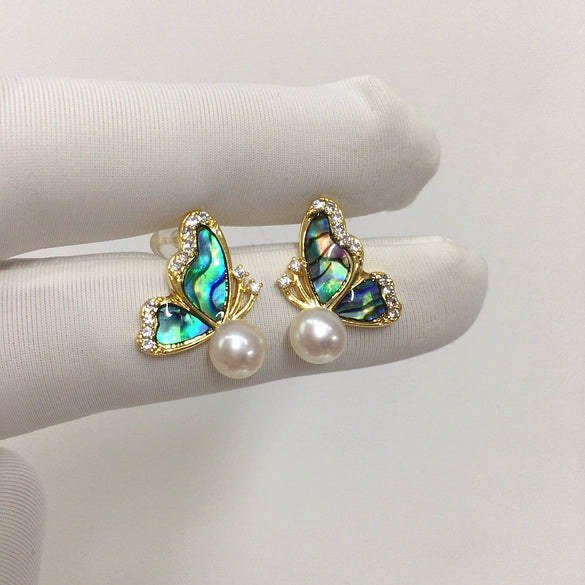 Natural Freshwater Pearl Earrings For Women Abalone Motherofpearl Butterfly Style With 18K Goldfilled Sterling Silver Needles Flat Round Shape