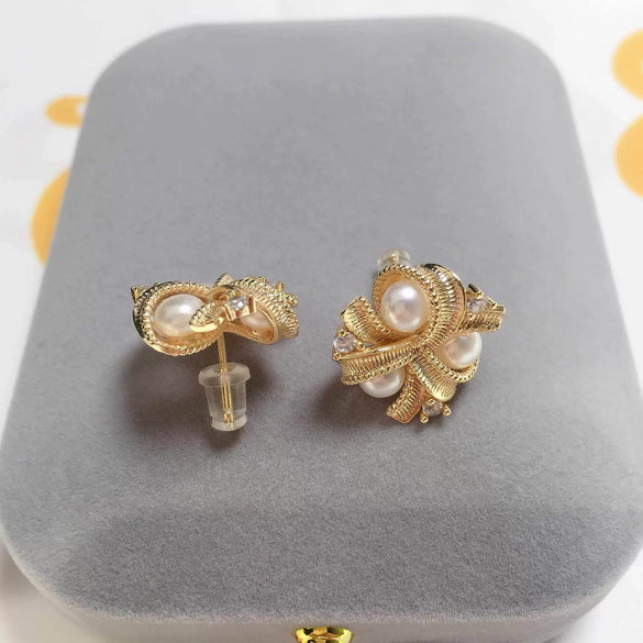Natural Freshwater Pearl Earrings For Women Alloy Inlaid Artificial And Semiprecious Stones Flat Round And Oblate Shape