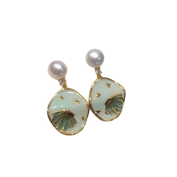 Natural Freshwater Pearl Earrings For Women Alloy Inlaid Artificial And Semiprecious Stones Ocean Star Cartoon Style Oblate Shape