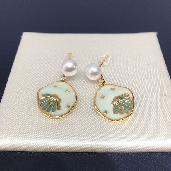 Natural Freshwater Pearl Earrings For Women Alloy Inlaid Artificial And Semiprecious Stones Ocean Star Cartoon Style Oblate Shape