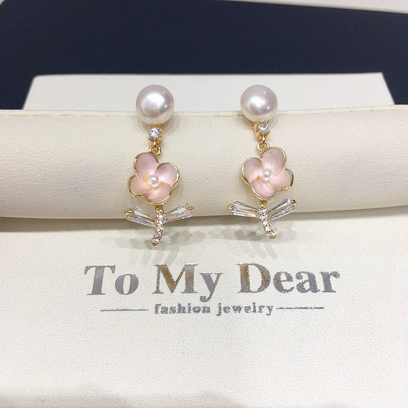 Natural Freshwater Pearl Earrings For Women Alloy Inlaid With Artificial Gemstones And Semiprecious Stones Oblate Flat Round Bun Round Shape