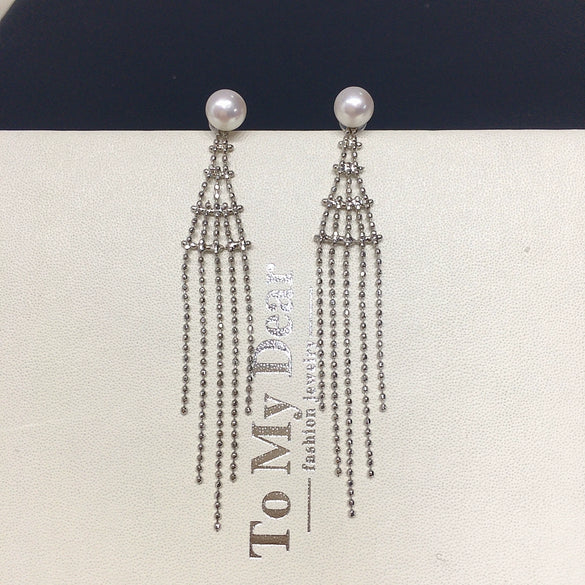 Natural Freshwater Pearl Earrings For Women Alloy Inlaid With Artificial Gemstones And Semiprecious Stones Oblate Style French Retro Tassel Bean Chain