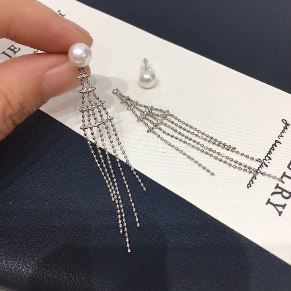 Natural Freshwater Pearl Earrings For Women Alloy Inlaid With Artificial Gemstones And Semiprecious Stones Oblate Style French Retro Tassel Bean Chain