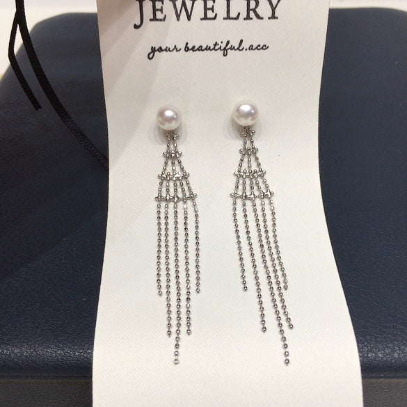 Natural Freshwater Pearl Earrings For Women Alloy Inlaid With Artificial Gemstones And Semiprecious Stones Oblate Style French Retro Tassel Bean Chain