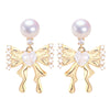 Natural Freshwater Pearl Earrings For Women Cute Bow Zircon Style Oblate Shape 18K Gold Colorpreserving