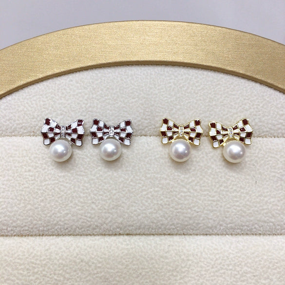Natural Freshwater Pearl Earrings For Women Fashion Ribbon Bow Style With Alloy Inlaid Gemstones And Flat Round Pearls