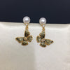 Natural Freshwater Pearl Earrings For Women French Vintage Retro Bronze Butterfly Shape Alloy Inlaid With Gemstones