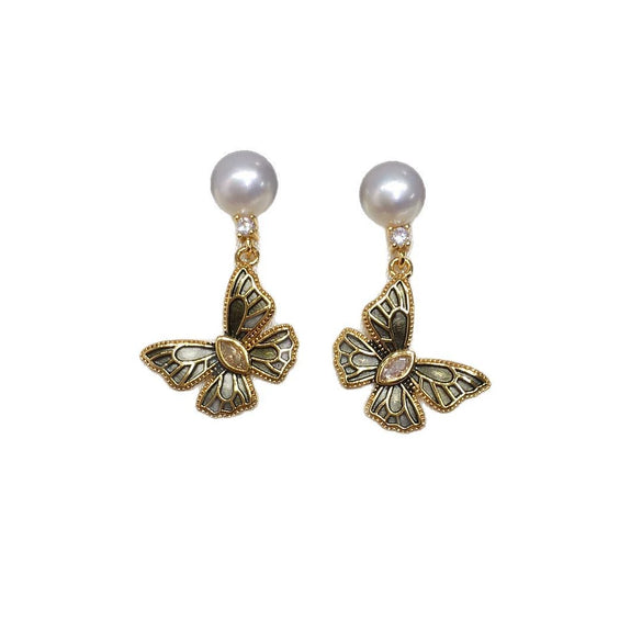 Natural Freshwater Pearl Earrings For Women French Vintage Retro Bronze Butterfly Shape Alloy Inlaid With Gemstones