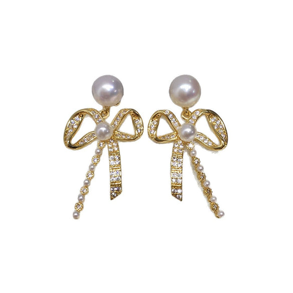 Natural Freshwater Pearl Earrings For Women Oblate Shape Alloy Inlaid With Artificial And Semiprecious Gemstones