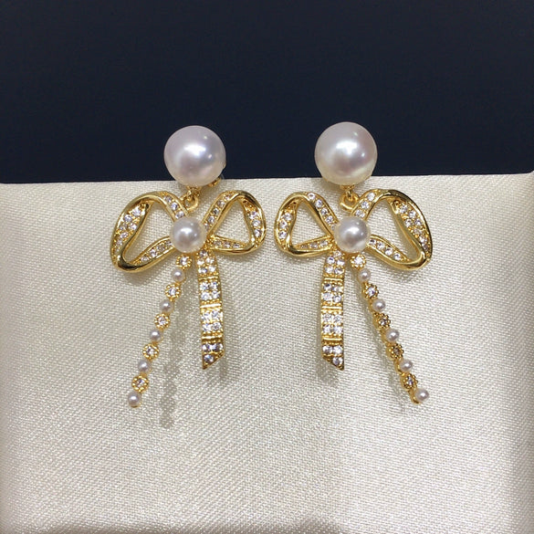 Natural Freshwater Pearl Earrings For Women Oblate Shape Alloy Inlaid With Artificial And Semiprecious Gemstones