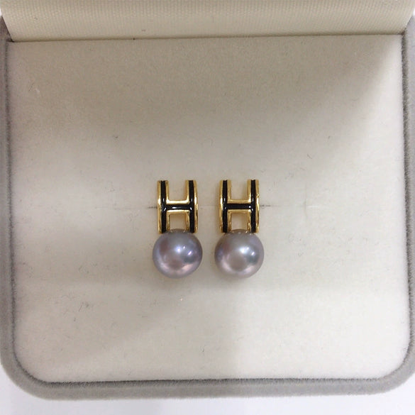 Natural Freshwater Pearl Earrings For Women S925 Sterling Silver Needle 18K Goldfilled Letter H Alloy Inlaid With Artificial And Semiprecious Stones Oblate Shape