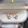 Natural Freshwater Pearl Earrings For Women With Oblate Shape And Korean Bow Design 18K Gold
