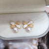 Natural Freshwater Pearl Earrings For Women With Oblate Shape And Korean Bow Design 18K Gold