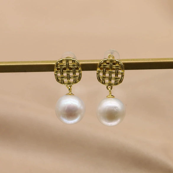 Natural Freshwater Pearl Earrings In 925 Sterling Silver Geometric Retro Electroplated Simple High Quality Jewelry For Women
