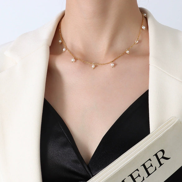 Natural Freshwater Pearl Geometric Necklace For Women Retro Minimalist Pearl Sweater Chain Statement Jewelry