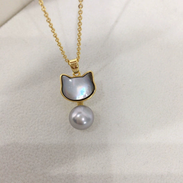 Natural Freshwater Pearl Pendant Jewelry With Sea Shell And Cat Design Copper Accessories