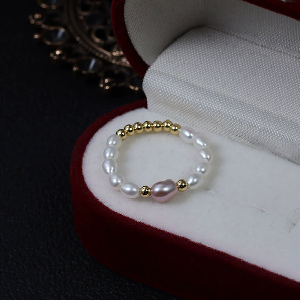 Natural Freshwater Pearl Ring 14K Gold Elastic Line Design Minimalist Unisex Special Shape