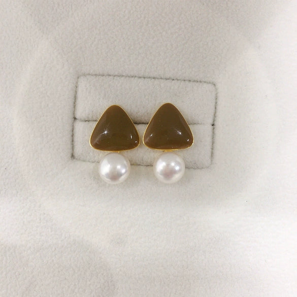 Natural Freshwater Pearl Women's Triangular S925 Sterling Silver 18K Goldfilled Earrings
