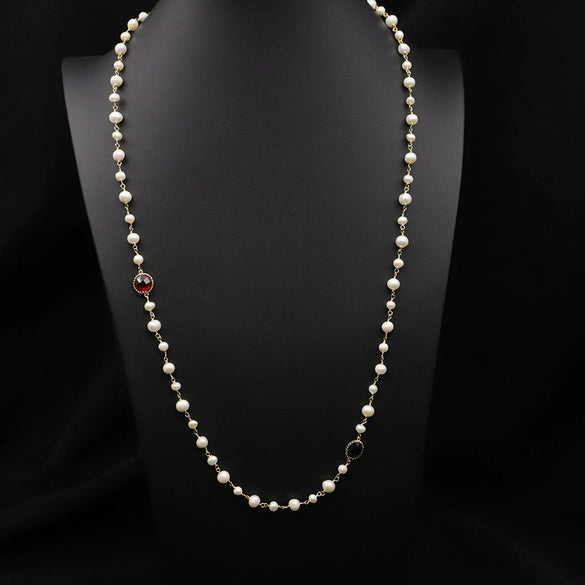 Natural Freshwater Pearl Woven Sweater Chain Necklace Retro Geometric Handmade Electroplated Jewelry For Women
