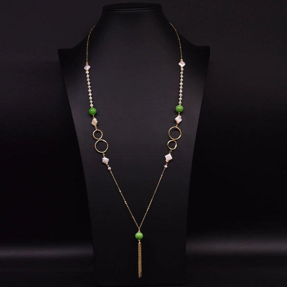 Natural Freshwater Pearl Woven Sweater Chain Necklace Retro Geometric Handmade Electroplated Jewelry For Women