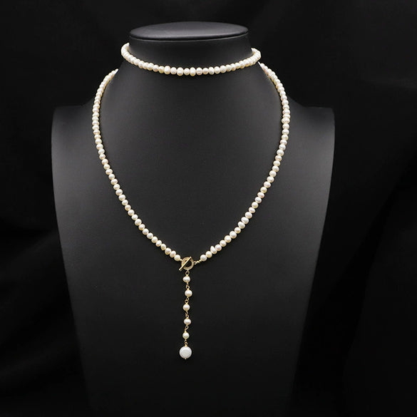 Natural Freshwater Pearl Woven Sweater Chain Necklace Retro Geometric Handmade Electroplated Jewelry For Women