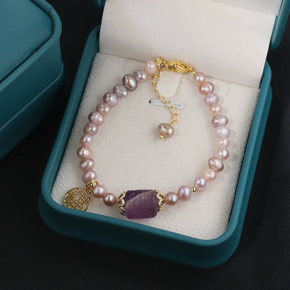 Natural Freshwater Purple Pearl And Crystal Necklace And Bracelet With Back Pattern Handmade For Women