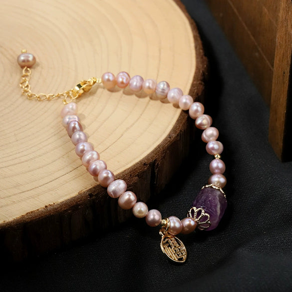 Natural Freshwater Purple Pearl And Crystal Necklace And Bracelet With Back Pattern Handmade For Women
