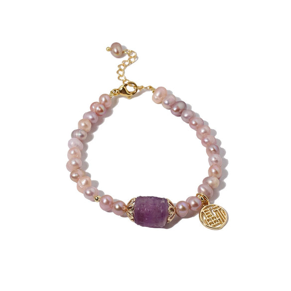 Natural Freshwater Purple Pearl And Crystal Necklace And Bracelet With Back Pattern Handmade For Women